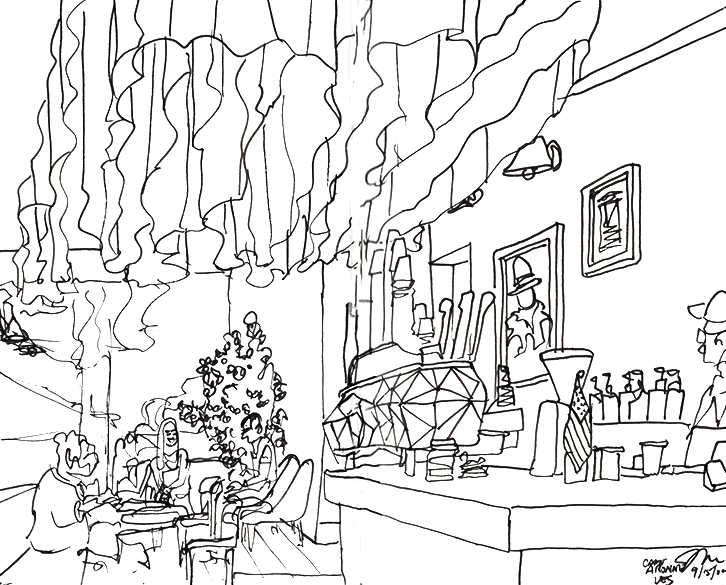 Hand-drawn pen and ink illustration of Caffe Aronne coffee shop on the Upper East Side, New York City, by Justin Melillo