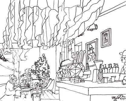 Hand-drawn pen and ink illustration of Caffe Aronne coffee shop on the Upper East Side, New York City, by Justin Melillo