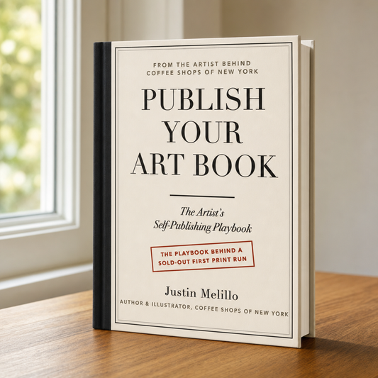 Publish Your Art Book: The Artist's Self-Publishing Playbook by Justin Melillo — the book on a table by the window